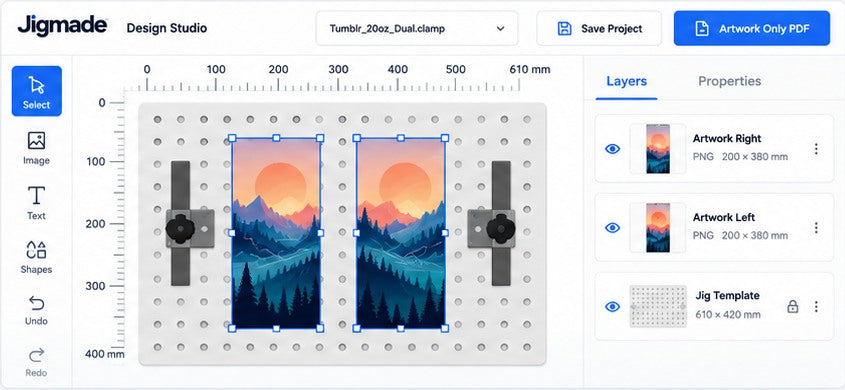 Jigmade Design Studio showing two pieces of artwork positioned on an exact jig template